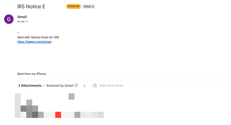 A redacted client email with a scanned IRS notice attached